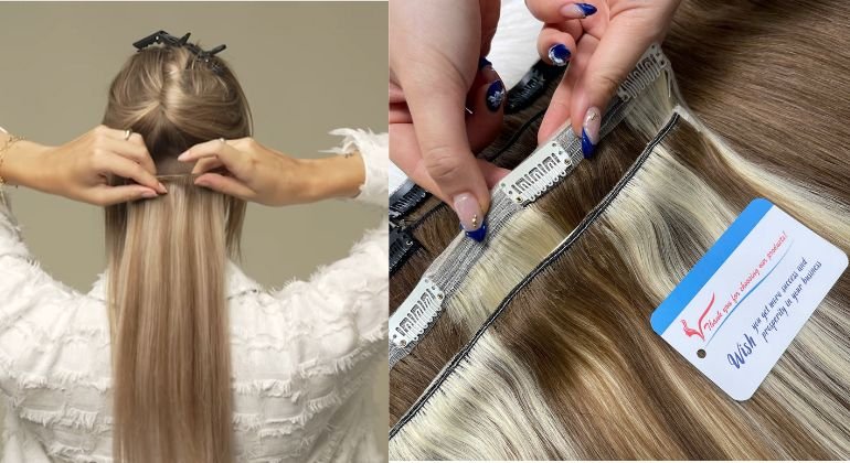 Install the first weft of clip in hair extensions at the nape