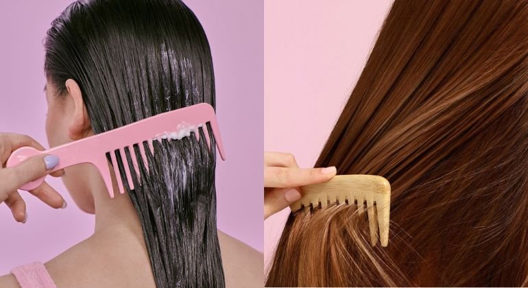 Using a wide-tooth comb to detangle gently before and after use clip in hair extensions