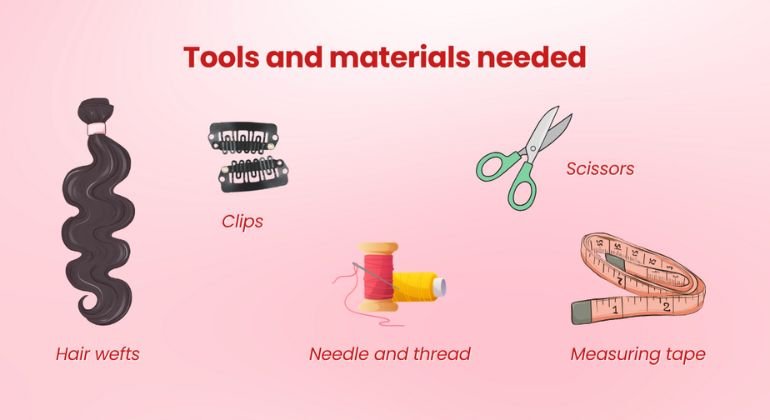 Tools and materials needed for making clip in hair extensions
