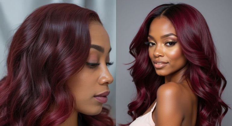 Cherry Red Highlights on Black Hair