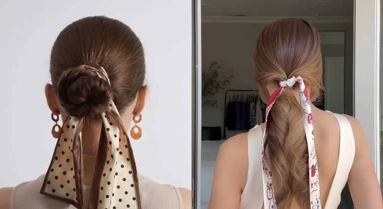 Scarf-wrapped low ponytail