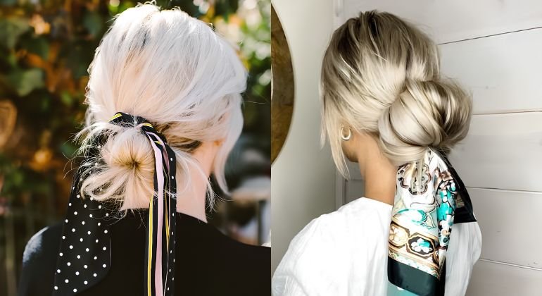 Low bun with a silk scarf