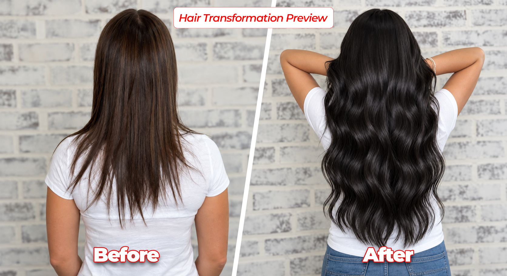 Before and after hair transformation using premium clip-in hair extensions
