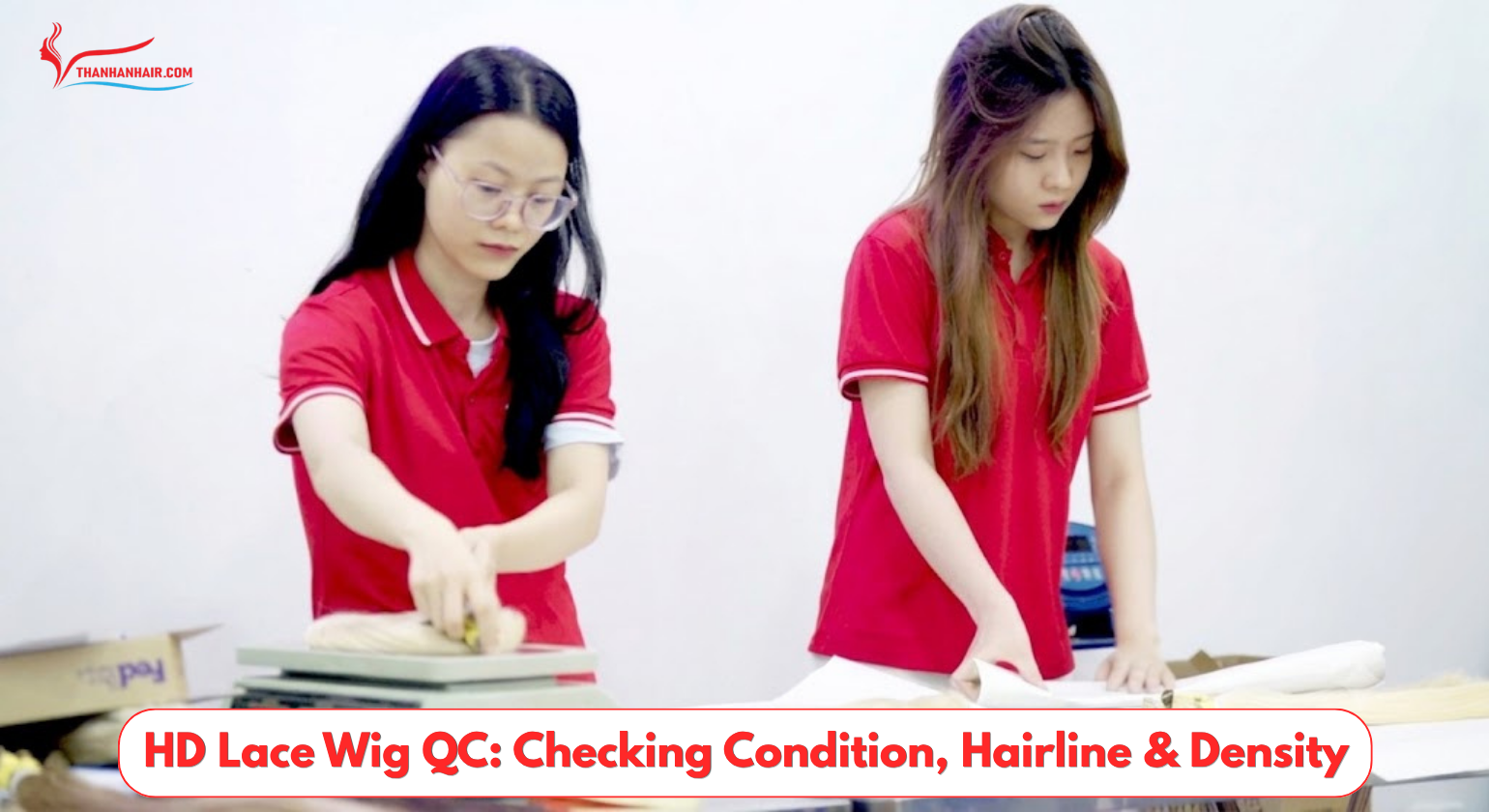 Quality inspection of an HD lace wig focusing on lace condition, hairline, and hair density before packaging