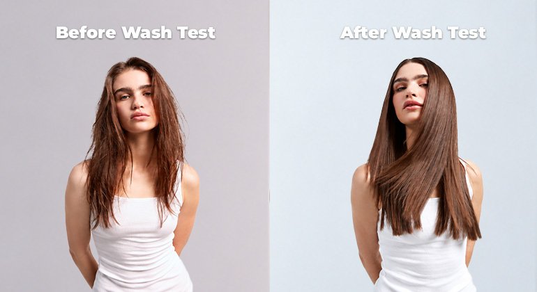 Raw hair sample before and after a wash test