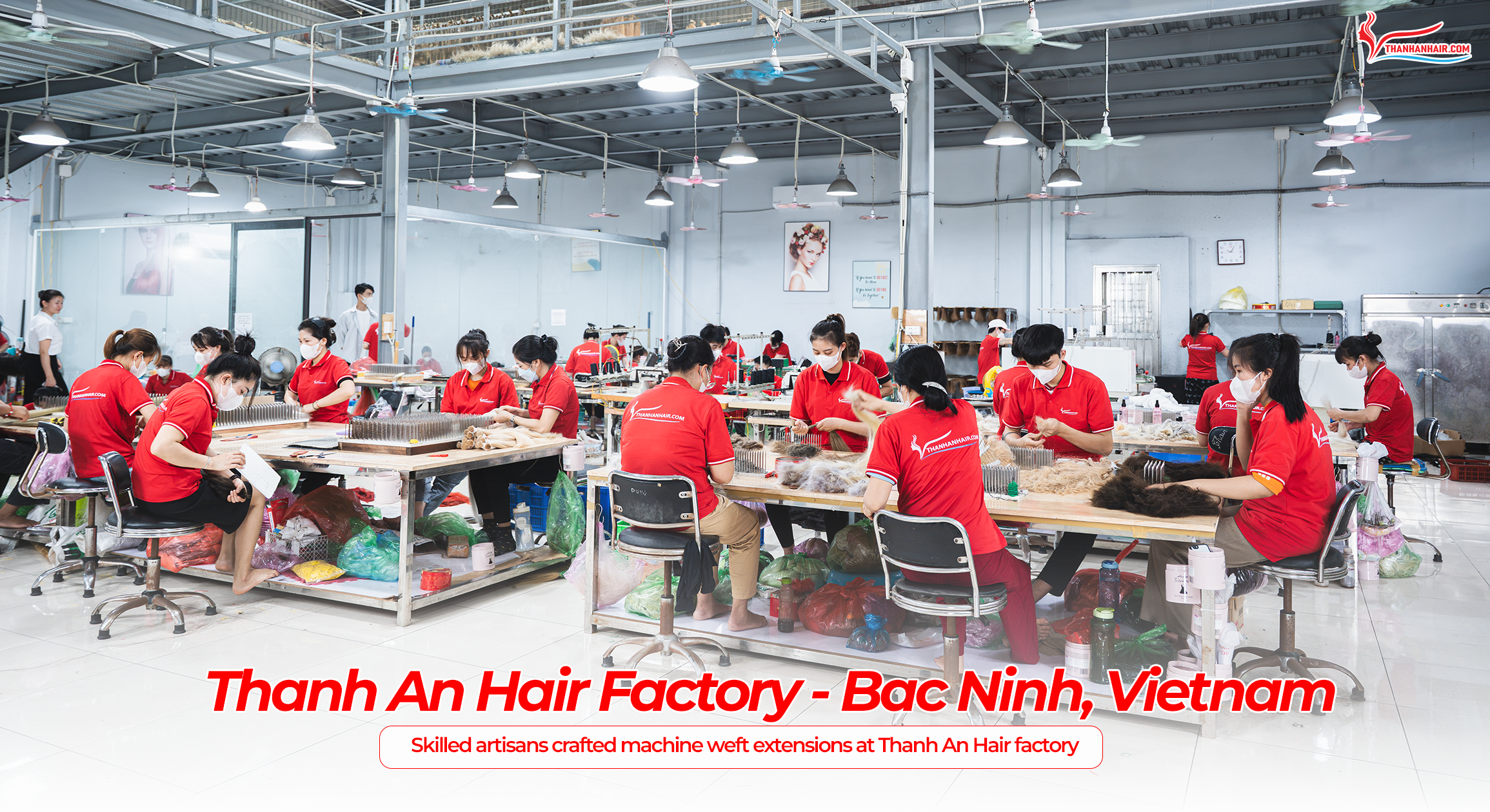 Quality control team inspecting machine weft hair extensions at the Thanh An Hair factory in Vietnam