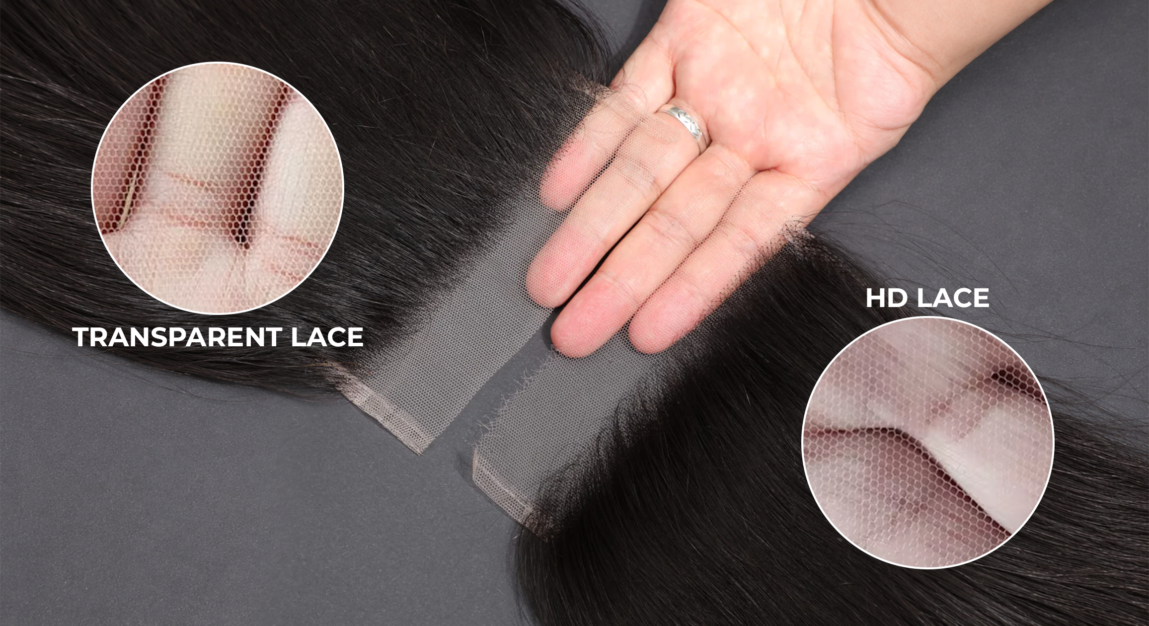 Side-by-side comparison of HD lace and transparent lace showing differences in texture and transparency